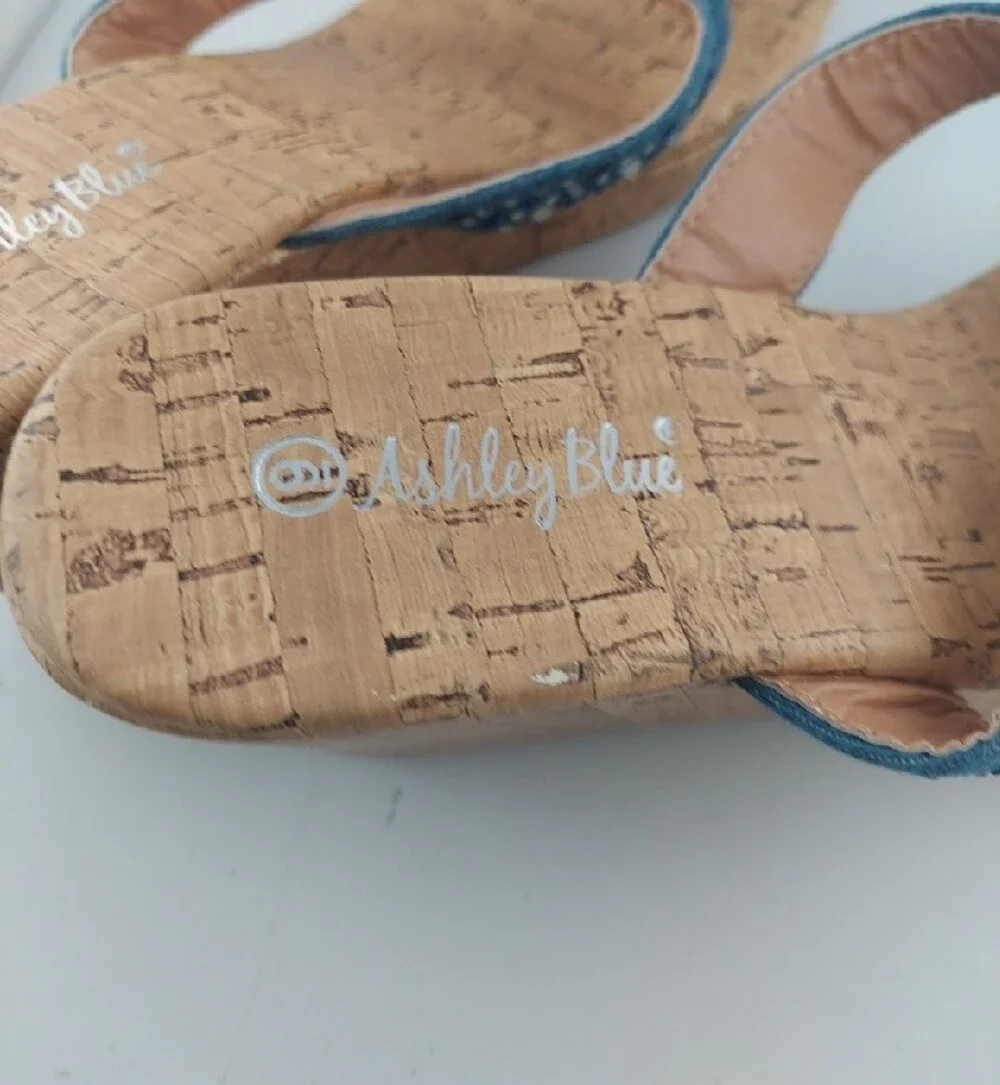 Ashley Blue Embellished Cork Wedge Flip Flops - Women Size 9